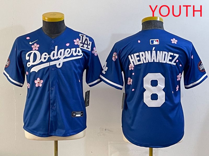Youth Los Angeles Dodgers 8 Hernandez Blue Sakura Edition 2025 Nike MLB Jersey style 5